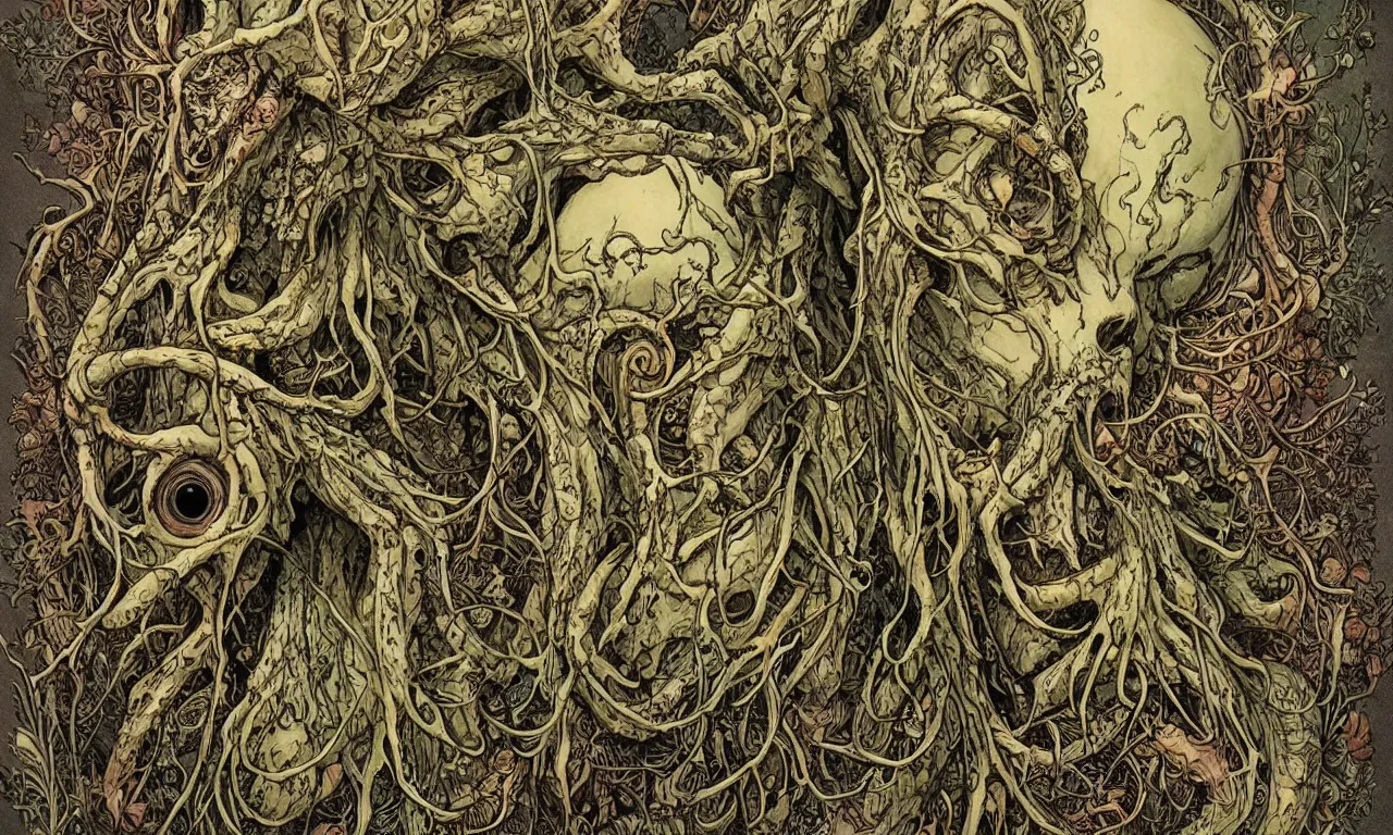 Prompt: hyperdetailed art nouveau portrait of treebeard as a cthulhu eyeball skull wendigo cryptid monster, by geof darrow, simon bisley and bill sienkiewicz, grim yet sparkling atmosphere, photorealism, claws, skeleton, antlers, fangs, forest, wild, crazy, horror, lynn varley, lovern kindzierski, steve oliff