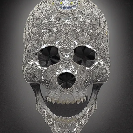 Prompt: an elegant diamond decorated skull, 8 k, cinematic lighting, soft render, symmetrical, insanely detailed, crisp, clarity, otherworldly, realistic, 8 k texture, hd, post processed, cleanup, photoshop