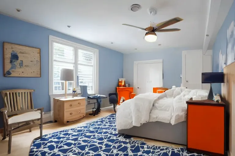 Image similar to a 10 by 11 foot bed room with white with a criss cross pattern in blue grey walls, white ceiling, navy blue carpet, a small bed, desk, two wooden wardrobes, an old TV, and a ceiling fan gives off a dim orange light.