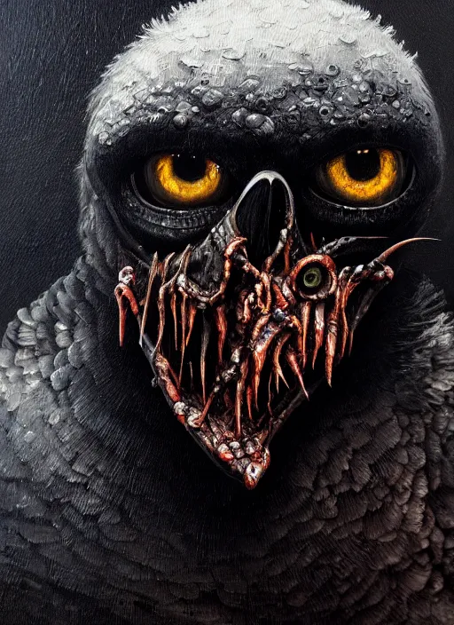 Image similar to close up portrait of a zombie crow in the mountains of hell, oil painting by tomasz jedruszek, cinematic lighting, pen and ink, intricate line, hd, 4 k, million of likes, trending on artstation