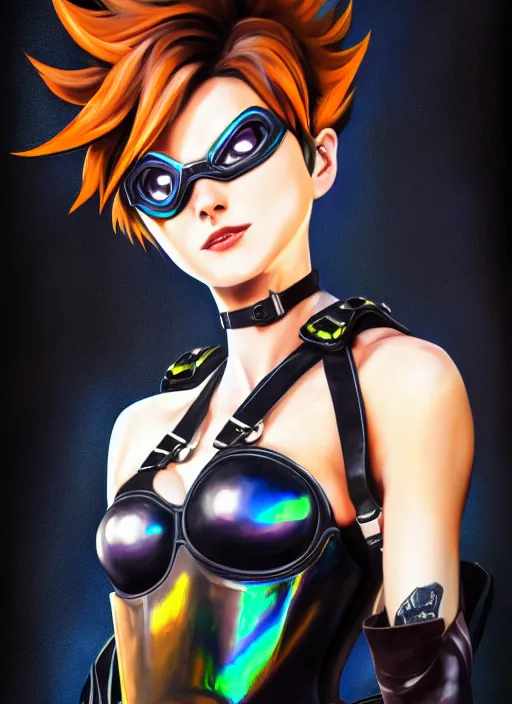 Image similar to oil painting digital artwork of tracer overwatch, confident pose, wearing black iridescent rainbow latex, 4 k, expressive happy smug expression, makeup, in style of mark arian, wearing leather collar, wearing sleek full body armor, black leather harness, expressive detailed face and eyes,