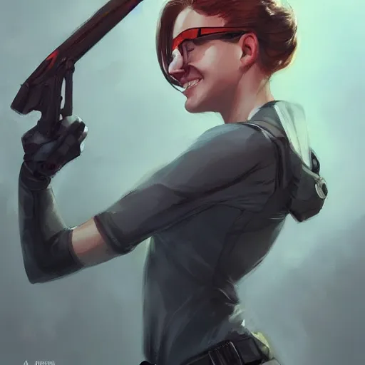 Image similar to gordon freeman as an attractive young smiling woman, hd shot, digital portrait, beautiful, artstation, comic style, by artgerm, jakub rozalski and charlie bowater