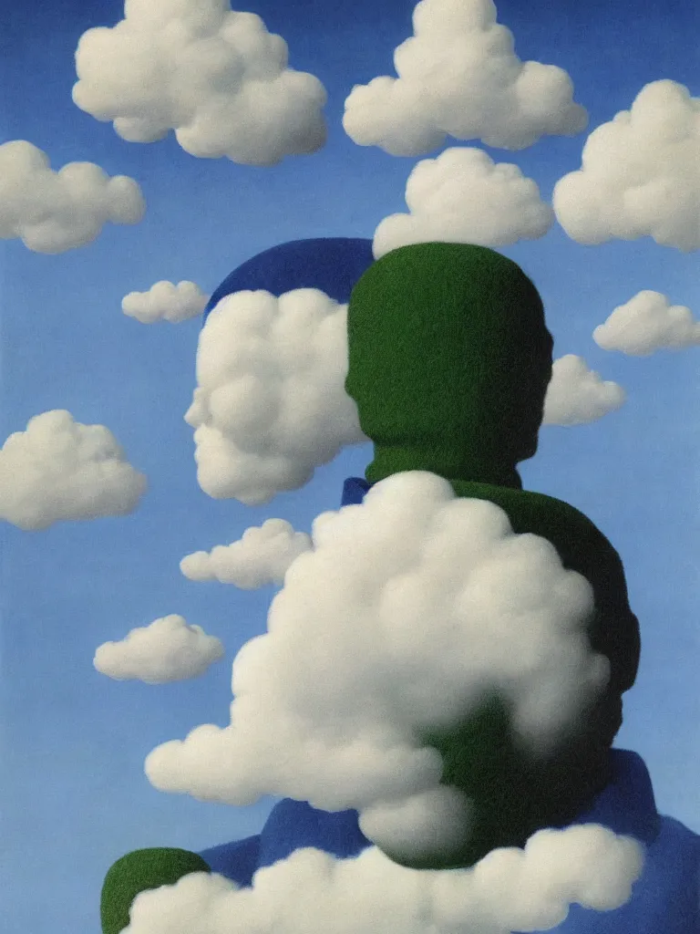 Image similar to portrait of cloud man by rene magritte, detailed painting, hd, hq, high resolution, high detail, 4 k, 8 k