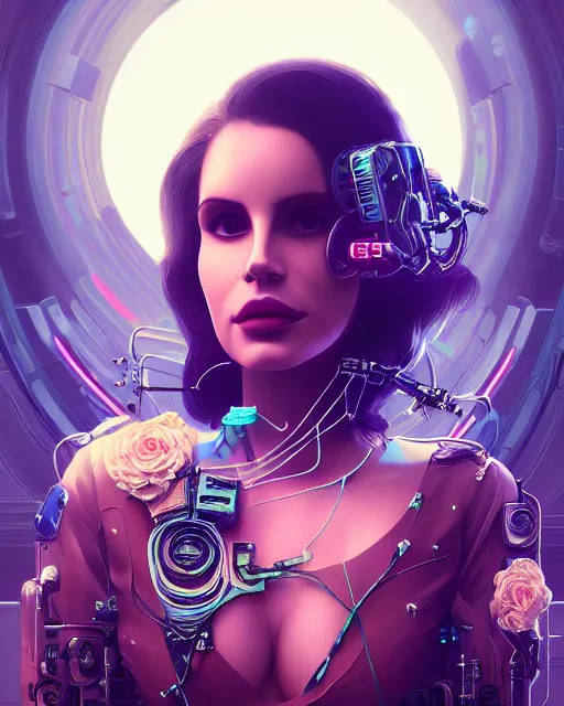 Image similar to portrait of lana del rey as a cyberpunk cyborg. roses, sci - fi, intricate abstract, upper body, intricate artwork, by tooth wu, wlop, beeple, dan mumford. concept art, 8 k octane render, deviantart, greg rutkowski, cinematic, key art, hyperrealism, iridescent accents