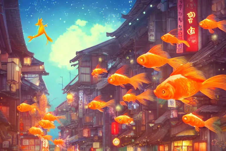 Prompt: fantasy art of glowing goldfish swimming in the air, in the streets of a japanese town at night, with children outside watching in wonder, in the style of studio ghibli and makoto shinkai, highly detailed digital art, trending on artstation