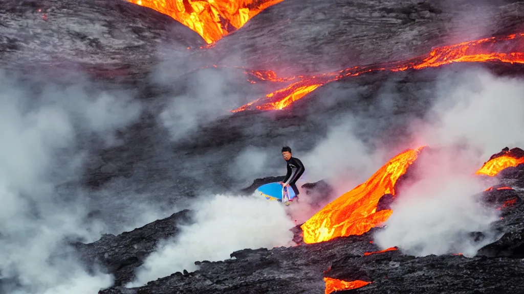 Image similar to medium shot of a person wearing a sponsored team jersey surfing down a river of lava on the side of a volcano on surfboard, action shot, dystopian, thick black smoke and fire, sharp focus, wide angle shot