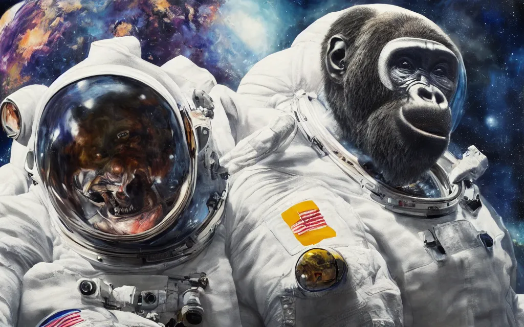 Prompt: gorilla in astronaut suit floating in deep space, oil on canvas, intricate, portrait, 8 k highly professionally detailed, hdr, cgsociety, sharp focus, artstation, vibrant, cinematic