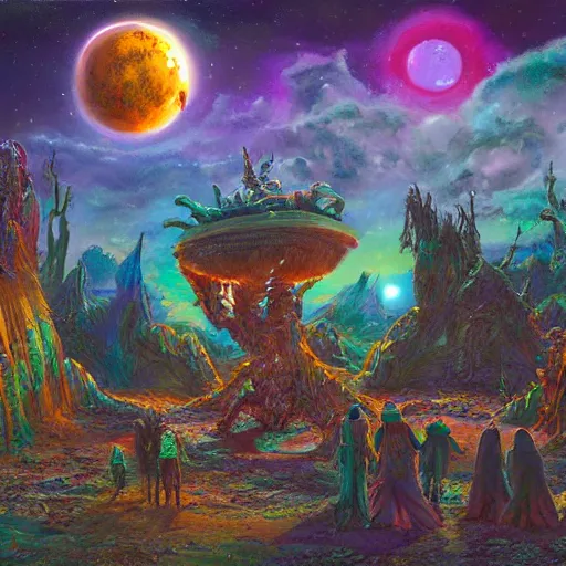 Image similar to extraterrestrial wedding in village on ancient post - apocalyptic planet, jim henson creature shop, vivid and colorful, cinematic, oil painting, highly detailed, illustration