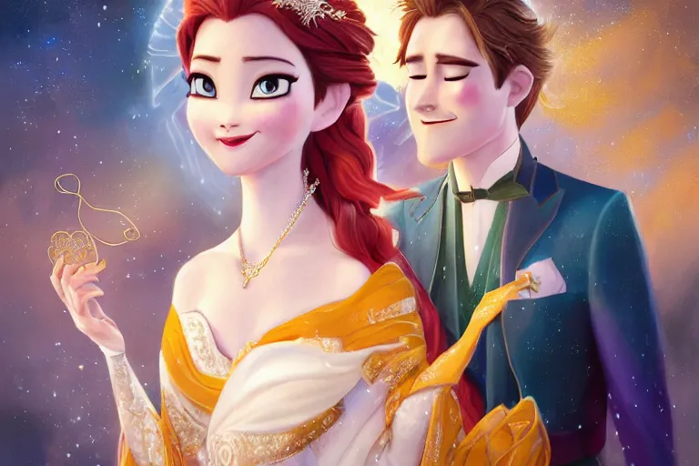 Image similar to a cinematic portrait of wedding photograph jpeg close up moment of a divine a japan sun god and moon goddess lovers magician at a wedding banquet. portraiture. digital painting. artstation. concept art. wedding photo. illustration. frozen ii art masterpiece by art by krenz cushart