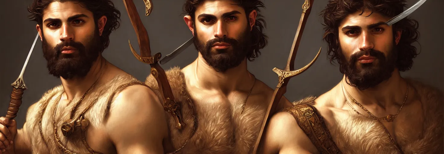 Image similar to renaissance upper body portrait of a gruff ranger with a spear, arab, lean and toned, handsome face, hairy chest, D&D, intricate, elegant, highly detailed, digital painting, artstation, concept art, matte, sharp focus, illustration, art by da Vinci, Artgerm and Greg Rutkowski and Alphonse Mucha