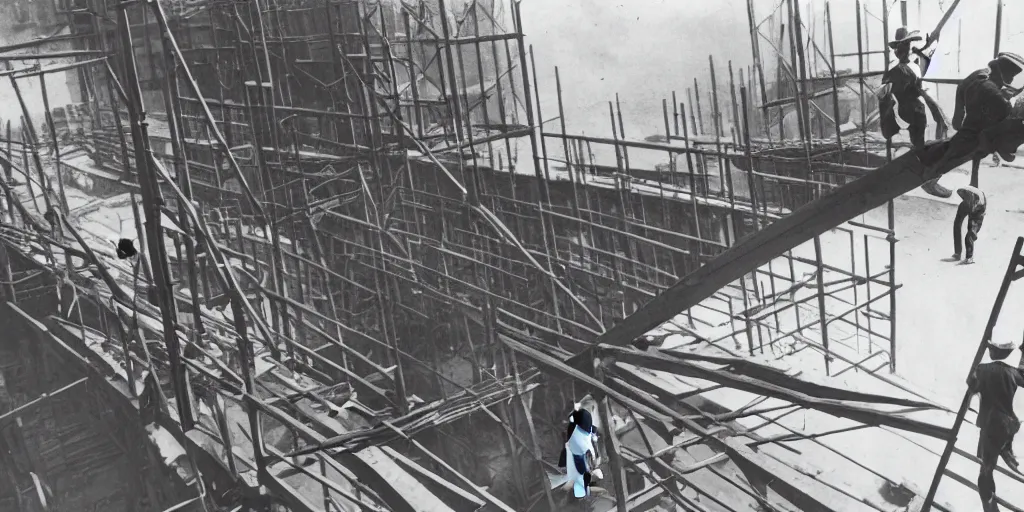 Prompt: Construction worker dangerously balancing on beam, 1920, black and white photo.