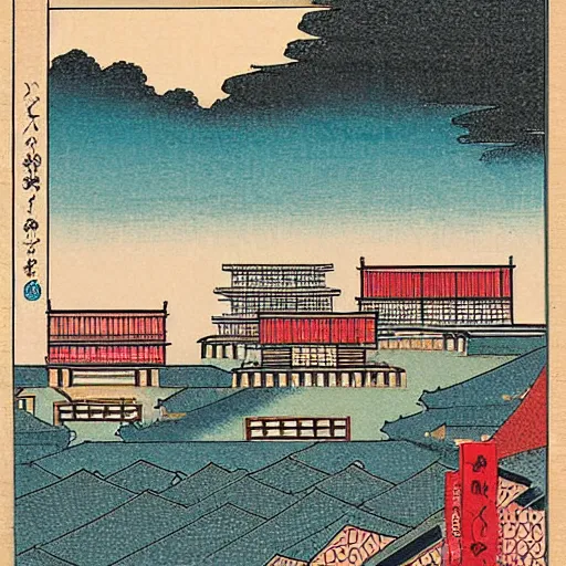 Prompt: ukiyo - e painting of the skyline of singapore public housing