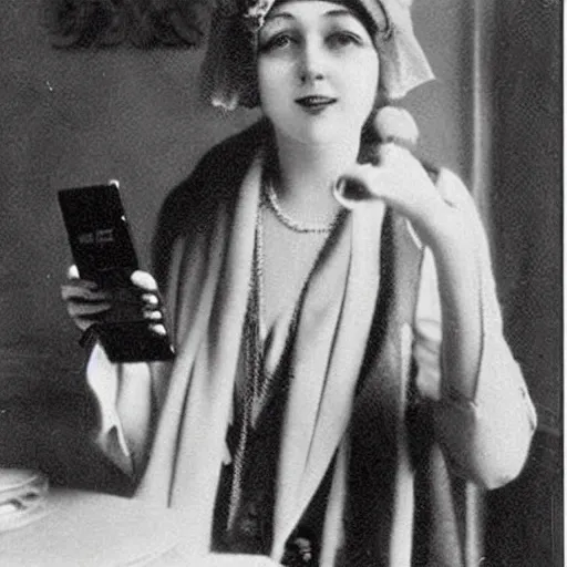 Prompt: women the 1 9 2 0's holding iphone