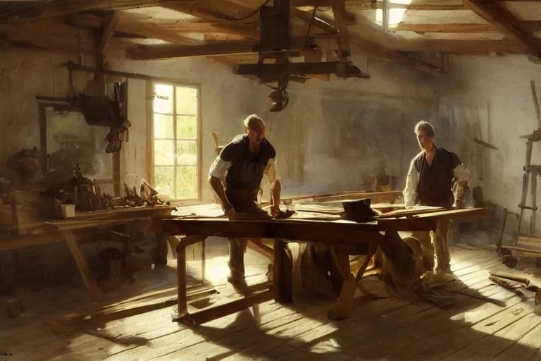 Image similar to simple craftsman fine woodworker building a wooden table in their well lit clean open workshop, art by anders zorn, wonderful masterpiece by greg rutkowski, beautiful cinematic light, american romanticism thomas lawrence, greg rutkowski