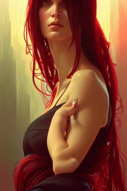 Prompt: a portrait of elektra, fantasy, sharp focus, intricate, elegant, digital painting, artstation, matte, highly detailed, concept art, illustration, ambient lighting, art by ilya kuvshinov, artgerm, alphonse mucha, and greg rutkowski