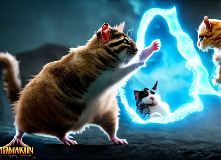 Image similar to hamster fights a cat in mortal kombat at a volcano with shao khan cheering in the background. fantasy magic style. highly detailed 8 k. intricate. lifelike. soft light. sony a 7 r iv 5 5 mm. [ cinematic post - processing ].