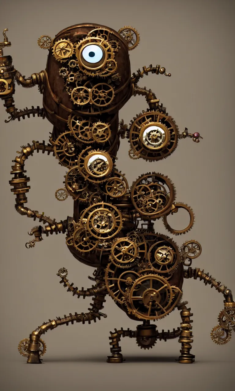 Prompt: a tiny cute steampunk monster with cogs and screws and big eyes smiling and waving, back view, isometric 3d, ultra hd, character design by Mark Ryden and Pixar and Hayao Miyazaki, unreal 5, DAZ, hyperrealistic, Cycles4D render, Arnold render, Blender Render, cosplay, RPG portrait, dynamic lighting, intricate detail, summer vibrancy, cinematic, centered, focused, sharp