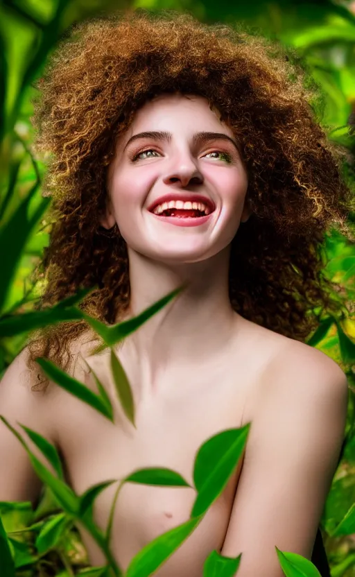 Image similar to 8 k uhd poser render of the face of a young woman with marble complexion, angelic features, her face framed with curls, her head raised in rapture, laughing, portrait photography, symmetrical eyes, by john singer sargent, background lush vegetation, insects and birds, dof narrow, 1 0 5 mm lens