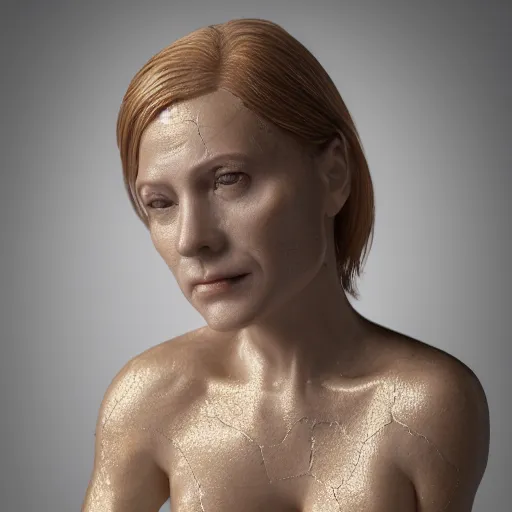 Image similar to portrait of an incredibly realistic porcelain woman. Gold veins. Macro details. 8k. Octane render.