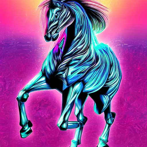 Image similar to digital horse, retrowave palette, highly detailed, anatomically correct equine, synth feel, digital art