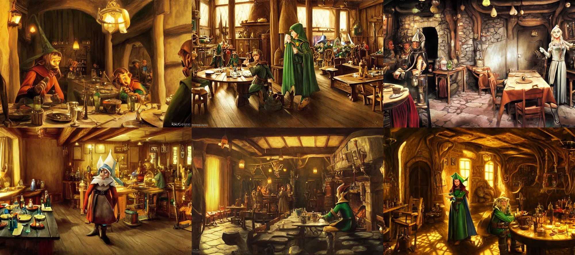 Prompt: an elf in a tavern that looks like it's from lord of the rings and bazaar, painting by ralph mcquarrie, ultrawide angle, f 1 6, golden ratio, f 3 2, well composed, cohesive