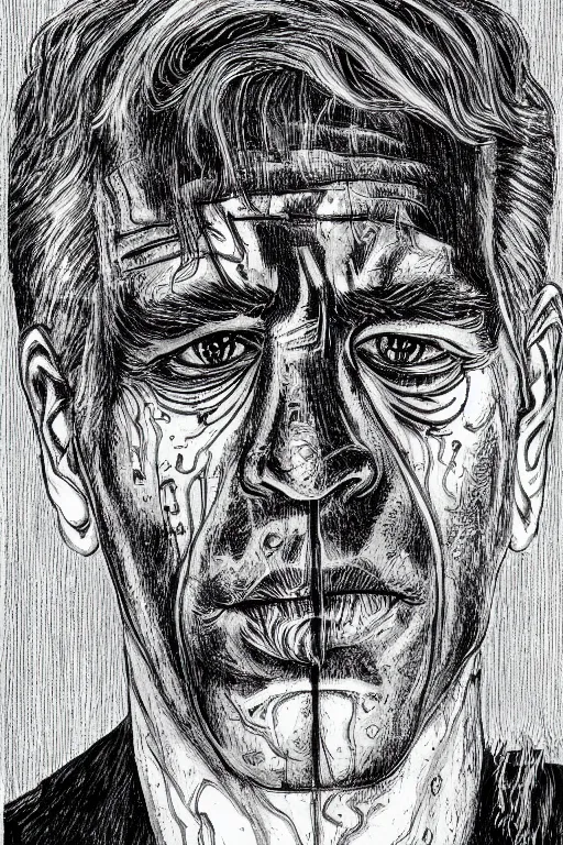 Image similar to Jeffrey Epstein full body portrait, body horror, black and white Illustration by Junji Ito