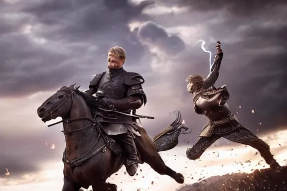 Image similar to very very intricate photorealistic photo of jaime lannister defeating cersei, photo is in focus with detailed atmospheric lighting, award - winning details