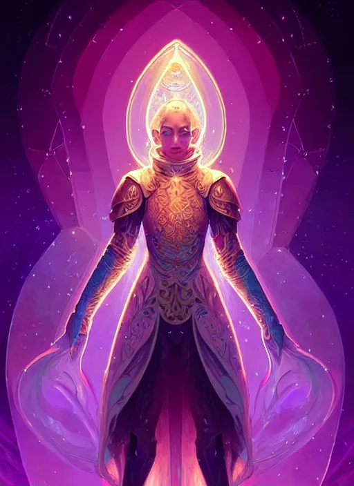 Image similar to a knight faceless glowing liquefied stardust adventurer, dnd fantasy character, full body portrait, glowing neon skin, magical aura, ultra realistic, intricate, elegant, highly detailed, digital painting, artstation, smooth, sharp, focus, illustration, art by artgerm and greg rutkowski and alphonse mucha and dan mumford, sacred geometry