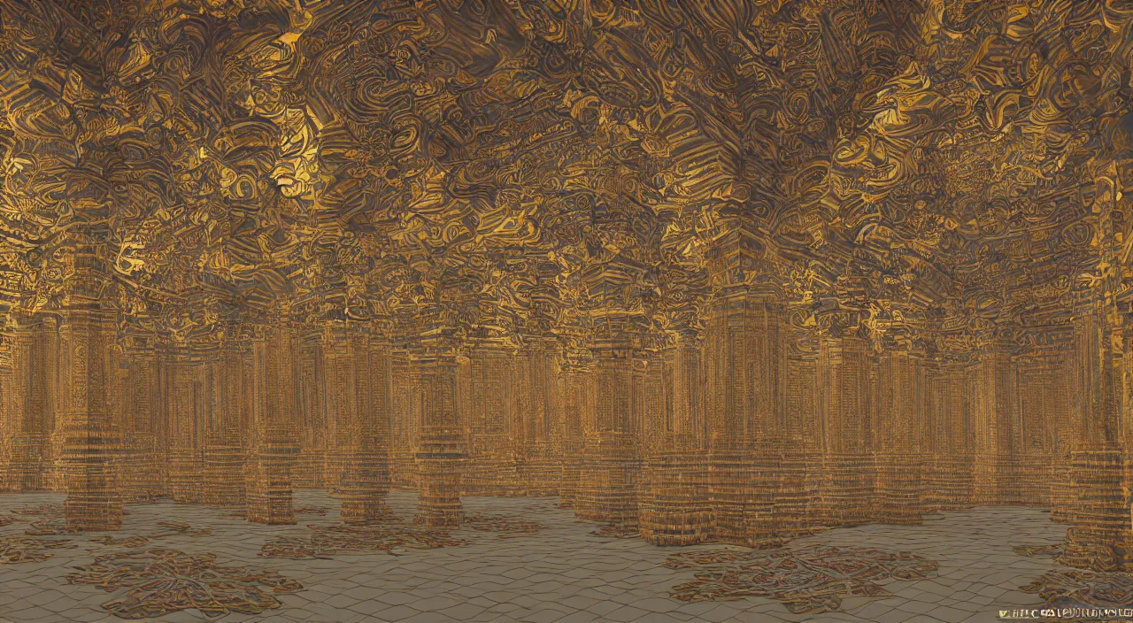 Image similar to 3d Fractal hindu temple mosque interior, dmt, shiny