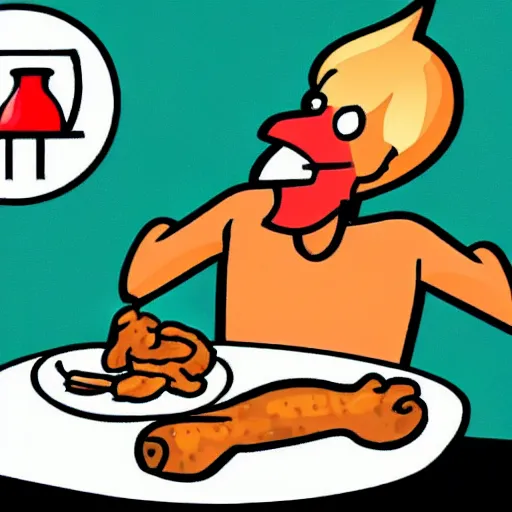 Prompt: a cartoon of a very skinny man feasting on chicken drumsticks