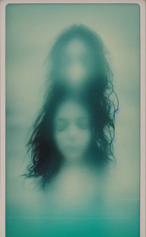 Prompt: a beautiful woman's face in the water, serene emotion, new polaroid, glitchy patterns, kodak color grading, muted colors, hazy, aqua, pastel colors, soft lighting