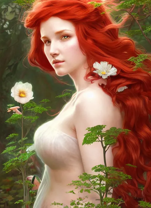 Prompt: a beautiful red haired woman as an angelic fairy princess in a garden, deep focus, d & d, fantasy, intricate, elegant, highly detailed, digital painting, artstation, concept art, matte, sharp focus, illustration, hearthstone, art by artgerm and greg rutkowski and alphonse mucha