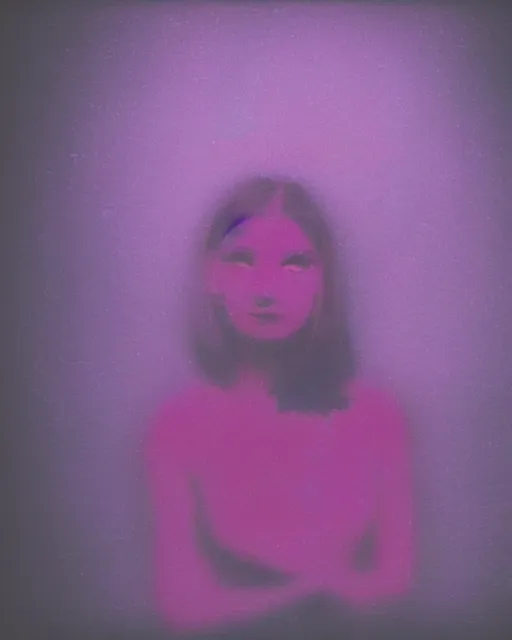 Prompt: futuristic woman's face, blank expression, violet and yellow and green lighting, polaroid photo, atmospheric, whimsical and psychedelic, grainy, expired film, super glitched, corrupted