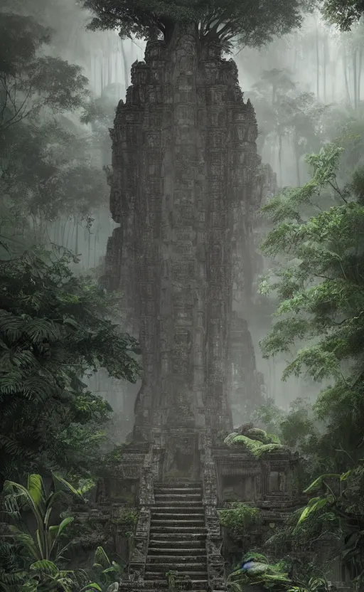 Prompt: khmer temple ruin in a dark dense jungle, soft grey and green natural light, intricate, digital painting, artstation, concept art, smooth, sharp focus, illustration, art by greg rutkowski and luis rollo and uang guangjian and gil elvgren, symmetry!