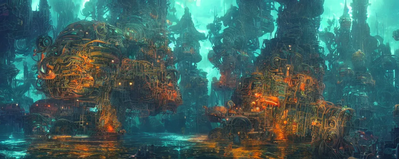 Image similar to ” underwater otherwordly city, [ deepsea, cinematic, detailed, epic, widescreen, opening, establishing, mattepainting, photorealistic, realistic textures, octane render, art by slop and paul lehr ] ”