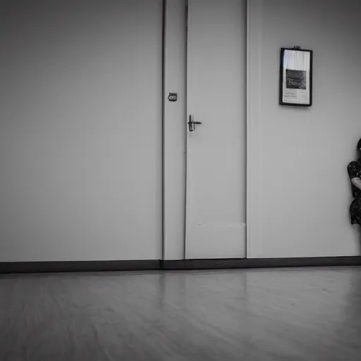 Image similar to sad asian girl alone in an empty room, black and white, award winning, 8k