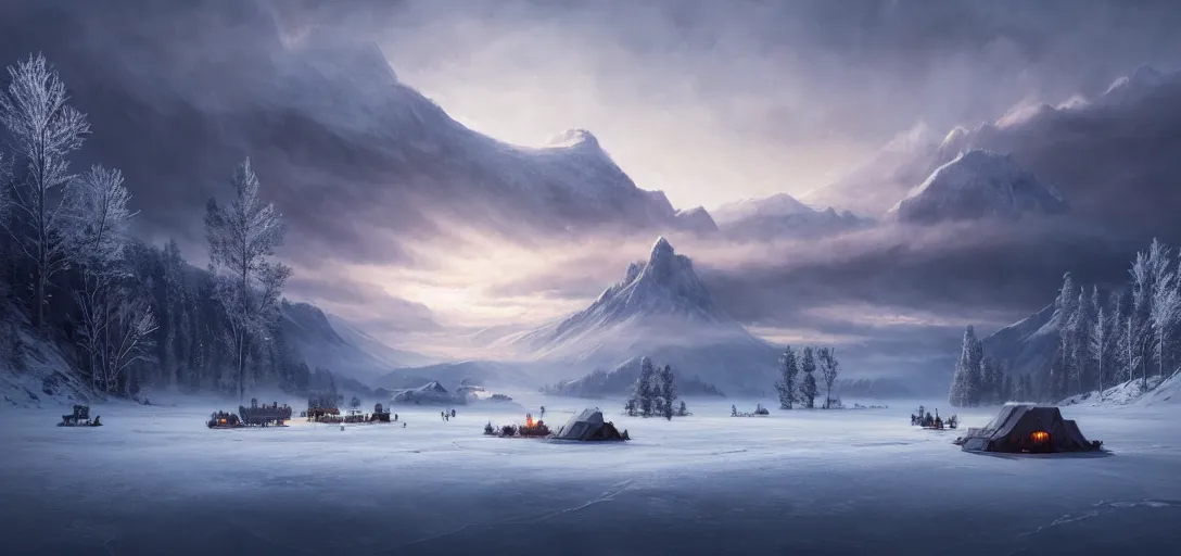 Image similar to beautiful render of a winter landscape, unreal engine, first light, majestic mountains, frozen lake, snow, dramatic clouds, encampment, soft light, by greg rutkowski, cgsociety