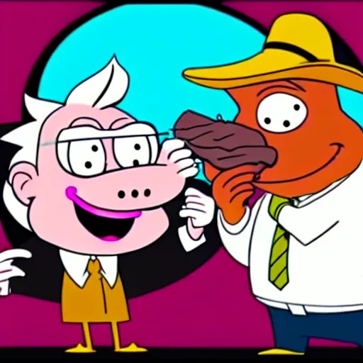 Prompt: rick sanchez and porky pig eating a brisket, cartoon, cell animation, highly detailed