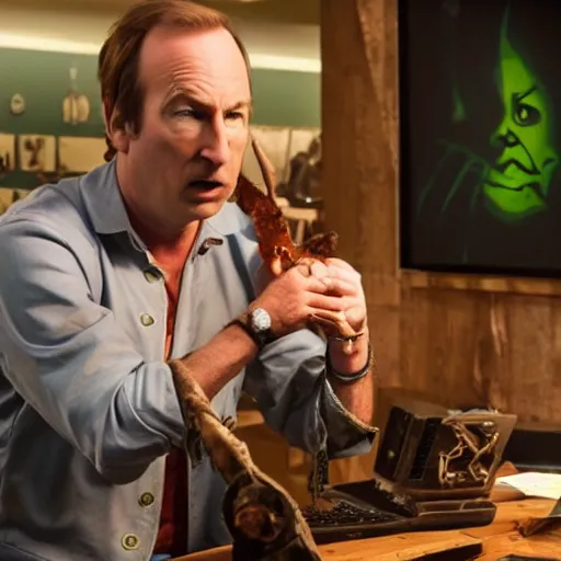 Image similar to bob odenkirk playing sea of thieves and eating goblin pizza
