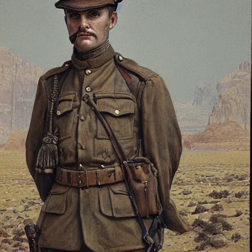 Image similar to a detailed photorealistic sepia - toned color portrait painting of a 1 9 1 7 worried clean - shaven british lieutenant in field gear from the arab bureau in wadi rum, ultra realistic, intricate details, atmospheric, dark, brooding, highly detailed, by clyde caldwell