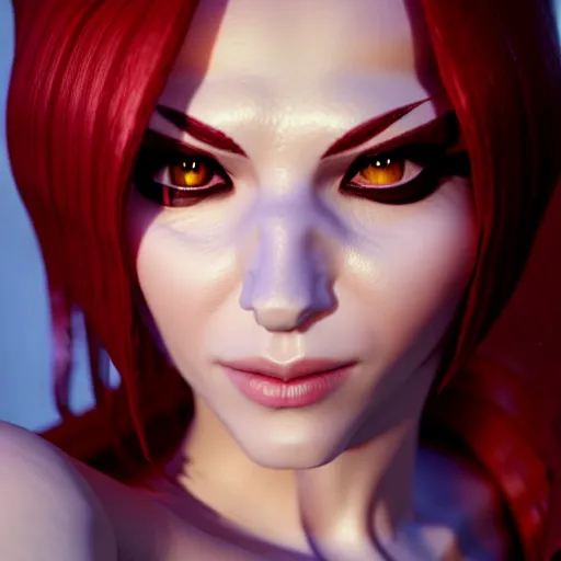 Image similar to Katarina from League of Legends, photorealistic studio portrait, studio lighting, unreal engine 5, hyperrealistic, dynamic lighting, white ambient background, realistic, highly detailed