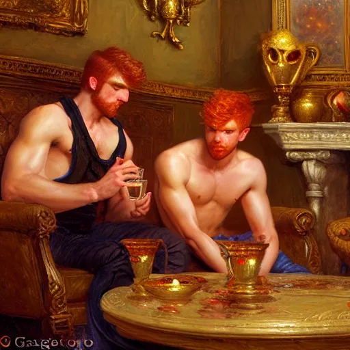 Prompt: attractive male mike with ginger hair with attractive male tyler with brunet hair, drinking their hearts out, in their noble mansion. highly defined painting, highly detailed painting by gaston bussiere, craig mullins, donato giancola 8 k