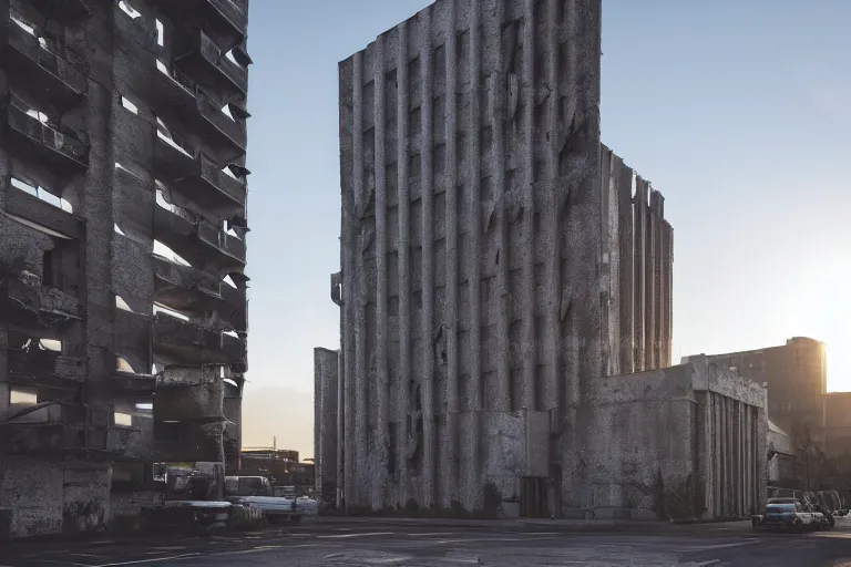 Image similar to streetscape _ a _ towering _ cathedral _ of _ brutalist _ ar chitecture _ buildings _ covered _ with _ greebles _ stun ning _ volumetric _ light _ sunset _ metal _ concrete _ an