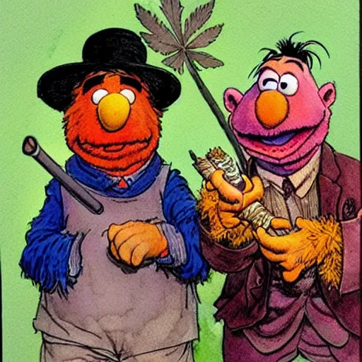 Image similar to a realistic and atmospheric watercolour fantasy character concept art portrait of bert and ernie with pink eyes smoking a huge blunt with a pot leaf nearby by rebecca guay, michael kaluta, charles vess and jean moebius giraud