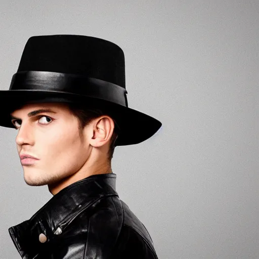 Image similar to a male model wearing a black leather hat, frontal view, cool looking