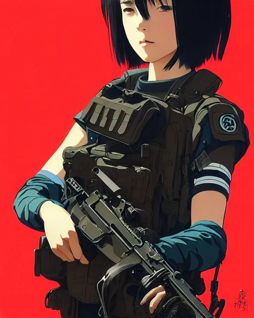 Image similar to girl wearing tactical gear | | very very anime!!!, fine - face, audrey plaza, realistic shaded perfect face, fine details. anime. realistic shaded lighting poster by ilya kuvshinov katsuhiro otomo ghost - in - the - shell, magali villeneuve, artgerm, jeremy lipkin and michael garmash and rob rey