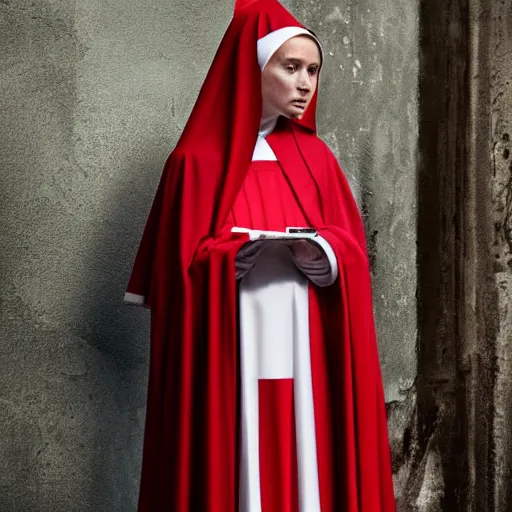 Image similar to A photograph of Ester Exposito dressed as a nun , catholic , high quality, fully detailed, 4k, inspired by handmaid's tale