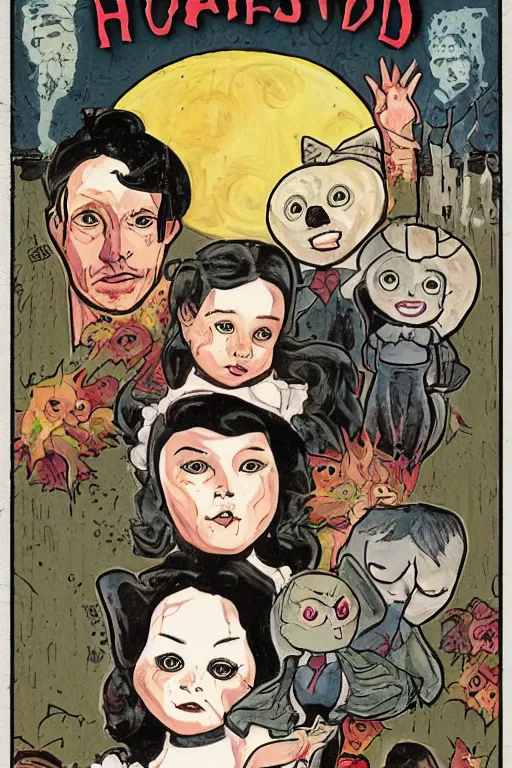 Image similar to haunted doll comic cover, four - color process