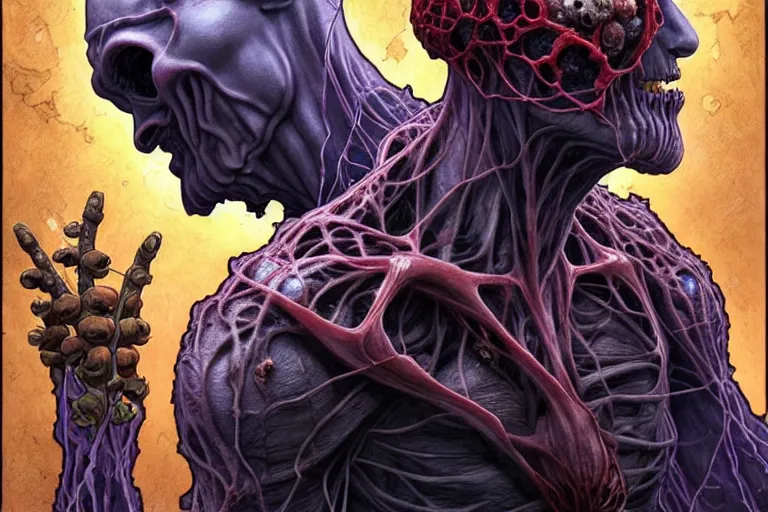 Image similar to the platonic ideal of flowers, rotting, insects and praying of cletus kasady ultimate carnage thanos dementor doctor manhattan chtulu nazgul davinci, detailed, intricate, hyperrealism, intense, scary, decay, dmt, art by brock hofer and artgerm and greg rutkowski and alphonse mucha