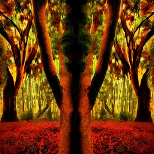 Image similar to double exposure photograph of three eucalyptus trees, flash exposure, autumn, in the style of edward steichen and matisse,